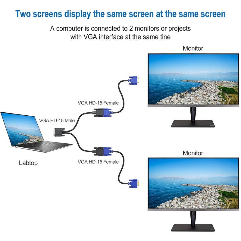 UKYEE VGA Splitter Cable Dual VGA Monitor Y Cable 1 Male to 2 Female Adapter Converter Video Cable for Screen Duplication - Does NOT Show Separate Displays (No Screen Extension) - Image 3